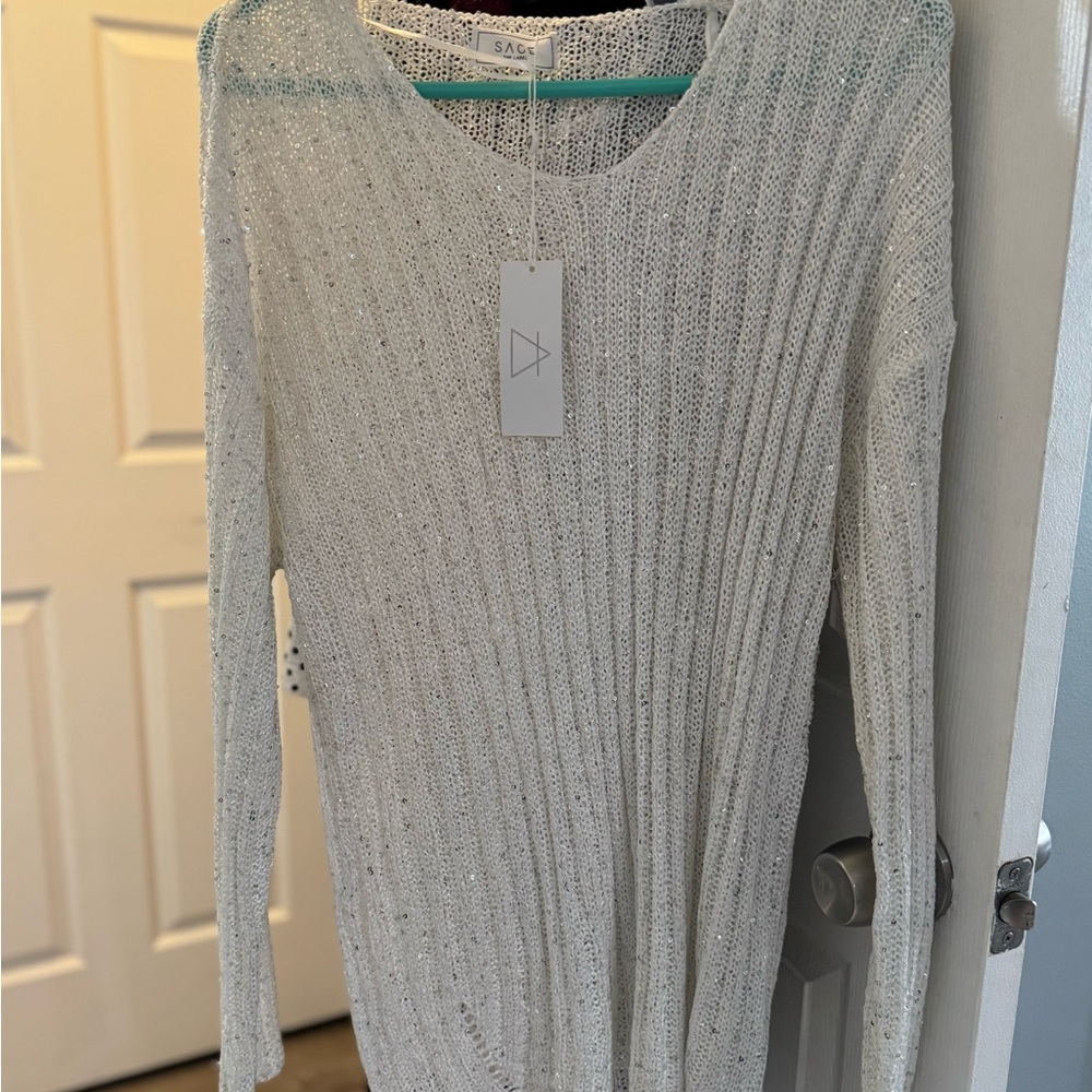 Sage Sequined White Crew Neck Sweater with Ribbed Texture
